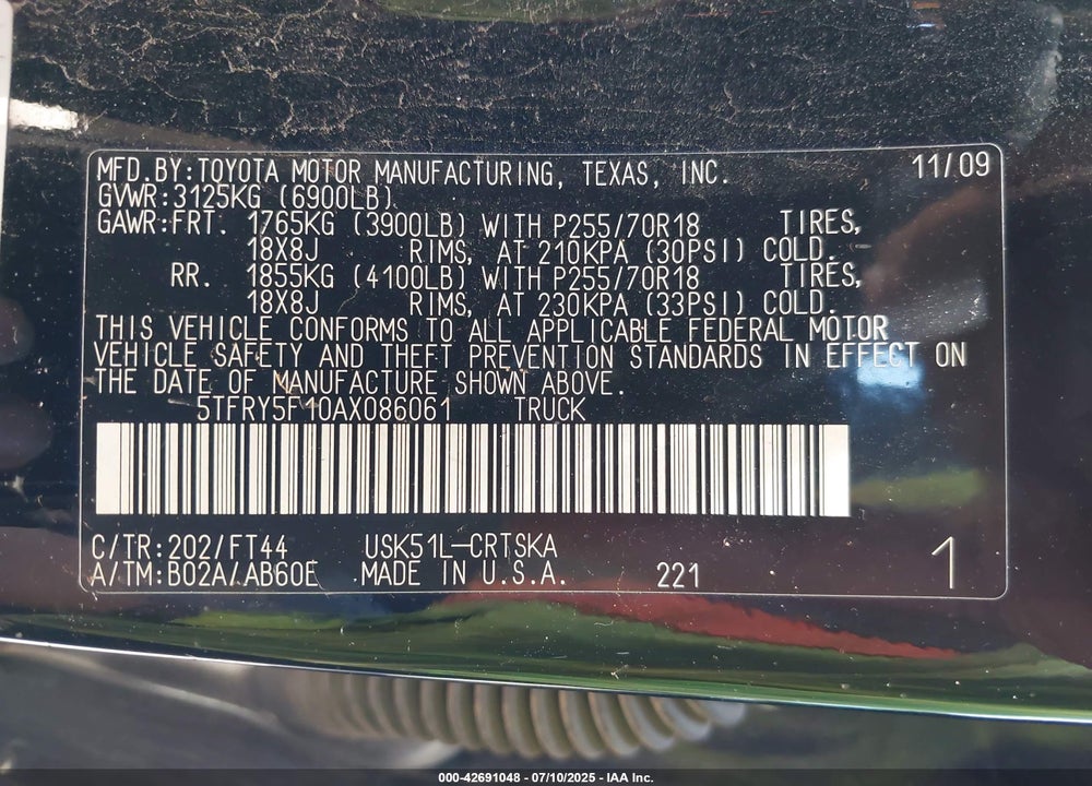 2010 TOYOTA TUNDRA VIN: 5TFRY5F10AX086061