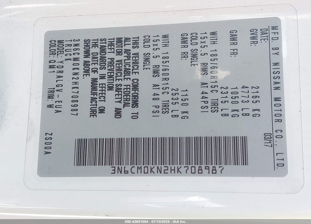 2017 NISSAN NV200 SV VIN: 3N6CM0KN2HK708987