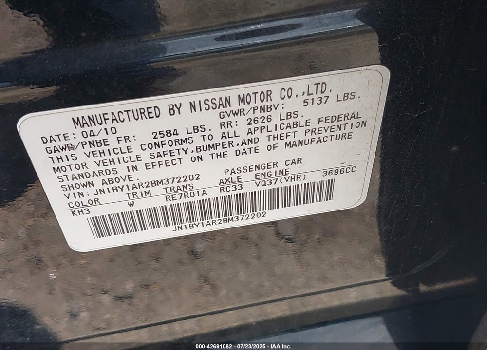2011 INFINITI M37X VIN: JN1BY1AR2BM372202