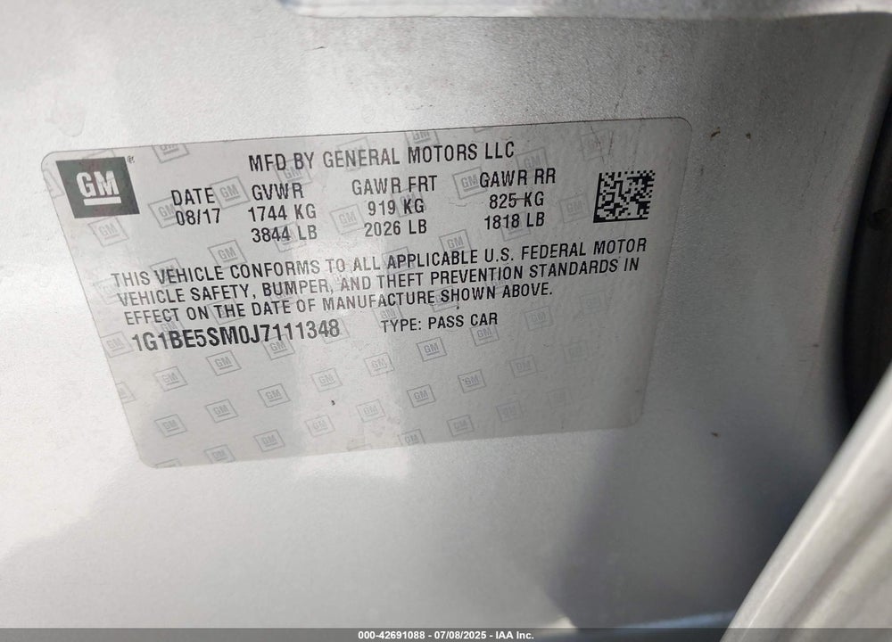 2018 CHEVROLET CRUZE VIN: 1G1BE5SM0J7111348