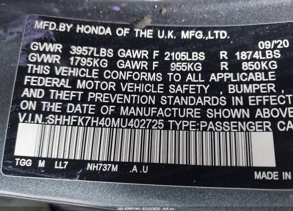 2021 HONDA CIVIC SPORT VIN: SHHFK7H40MU402725