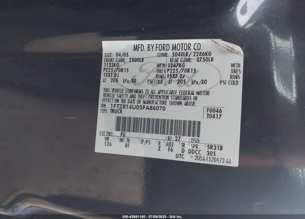 2005 FORD RANGER VIN: 1FTZR14U05PA86070