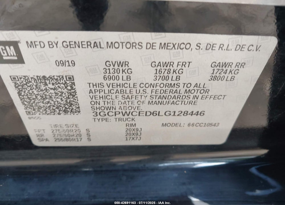 2020 CHEVROLET SILVERADO 1500 2WD SHORT BED LT VIN: 3GCPWCED6LG128446
