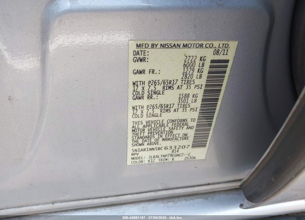 2011 NISSAN PATHFINDER VIN: 5N1AR1NN5BC633207