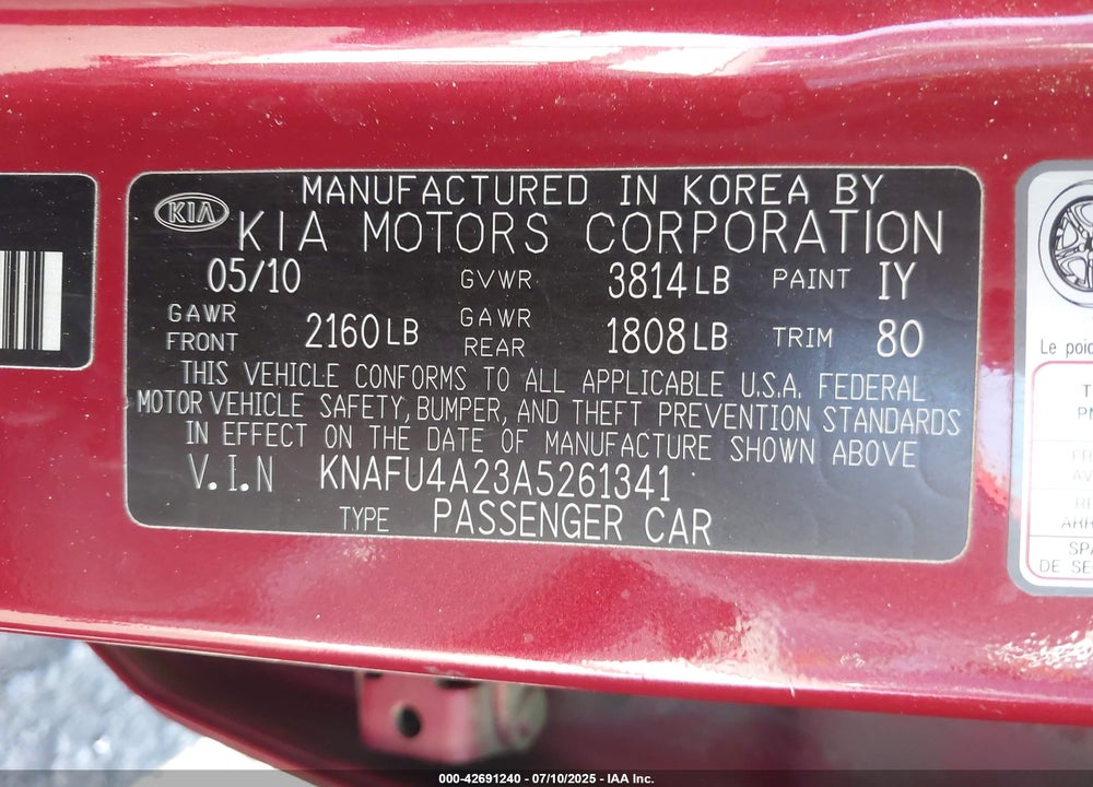 2010 KIA FORTE EX VIN: KNAFU4A23A5261341