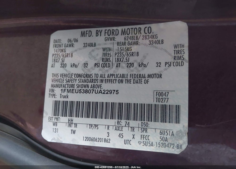 2007 FORD EXPLORER SPORT TRAC LIMITED VIN: 1FMEU53807UA22975