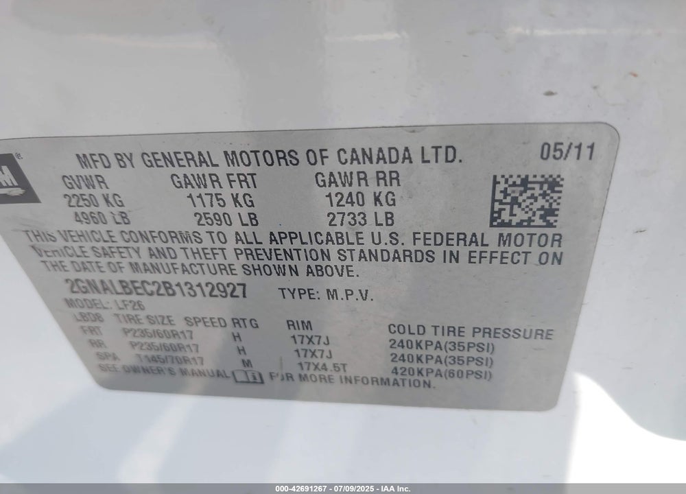 2011 CHEVROLET EQUINOX VIN: 2GNALBEC2B1312927