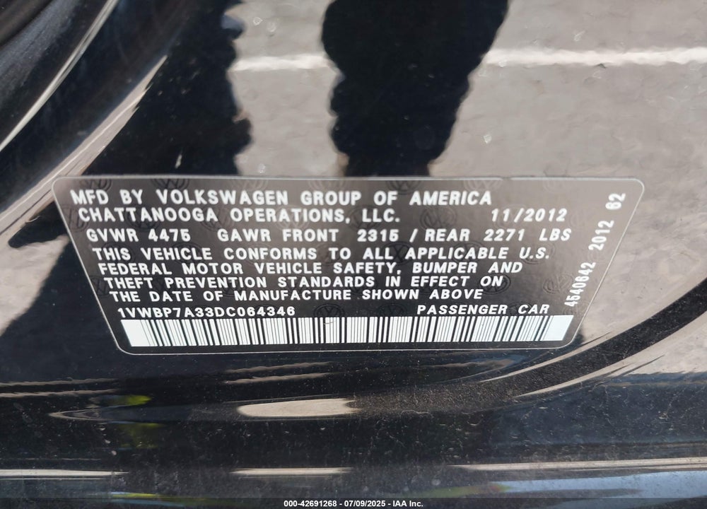 2013 VOLKSWAGEN PASSAT 2.5L SE VIN: 1VWBP7A33DC064346