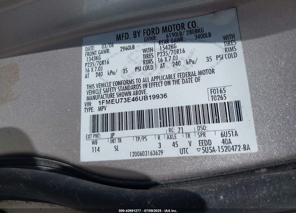 2006 FORD EXPLORER VIN: 1FMEU73E46UB19936