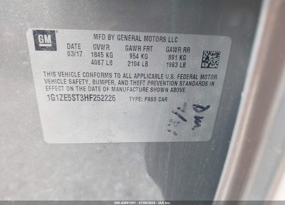 2017 CHEVROLET MALIBU VIN: 1G1ZE5ST3HF252226