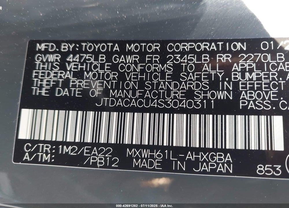 2025 TOYOTA PRIUS PLUG-IN VIN: JTDACACU4S3040311