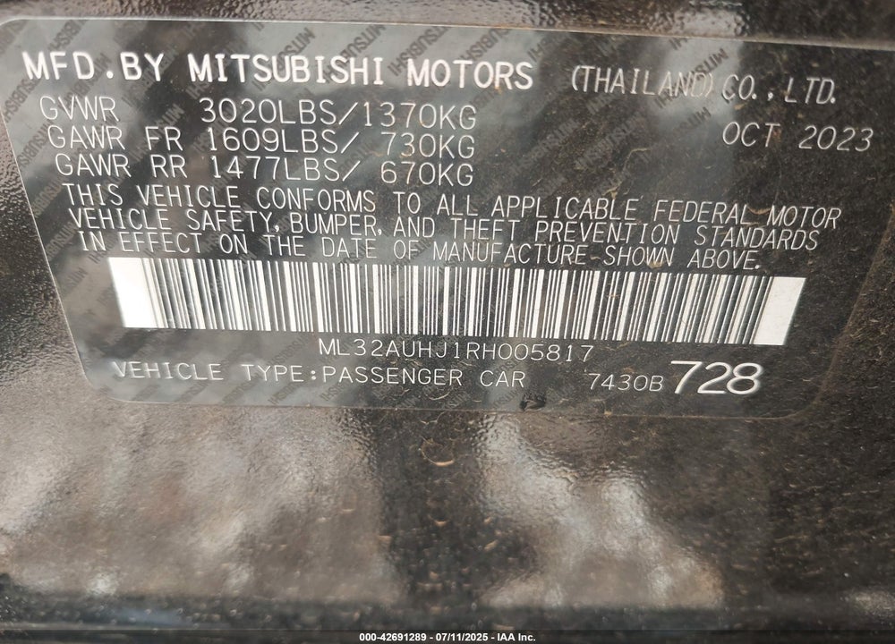 2024 MITSUBISHI MIRAGE VIN: ML32AUHJ1RH005817