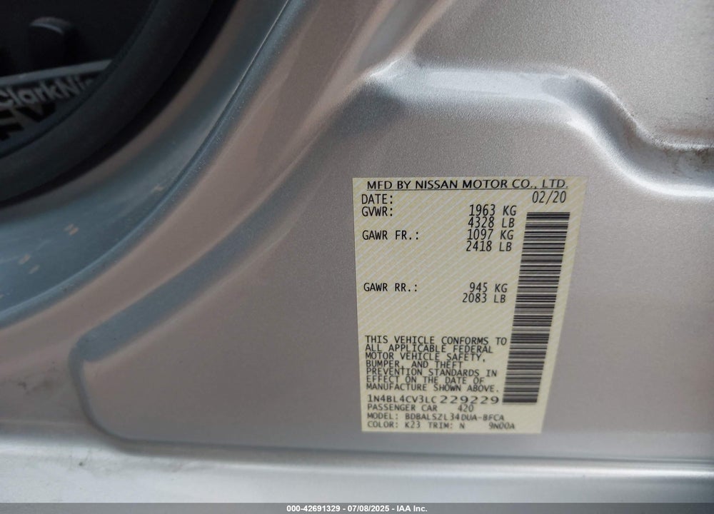 2020 NISSAN ALTIMA VIN: 1N4BL4CV3LC229229