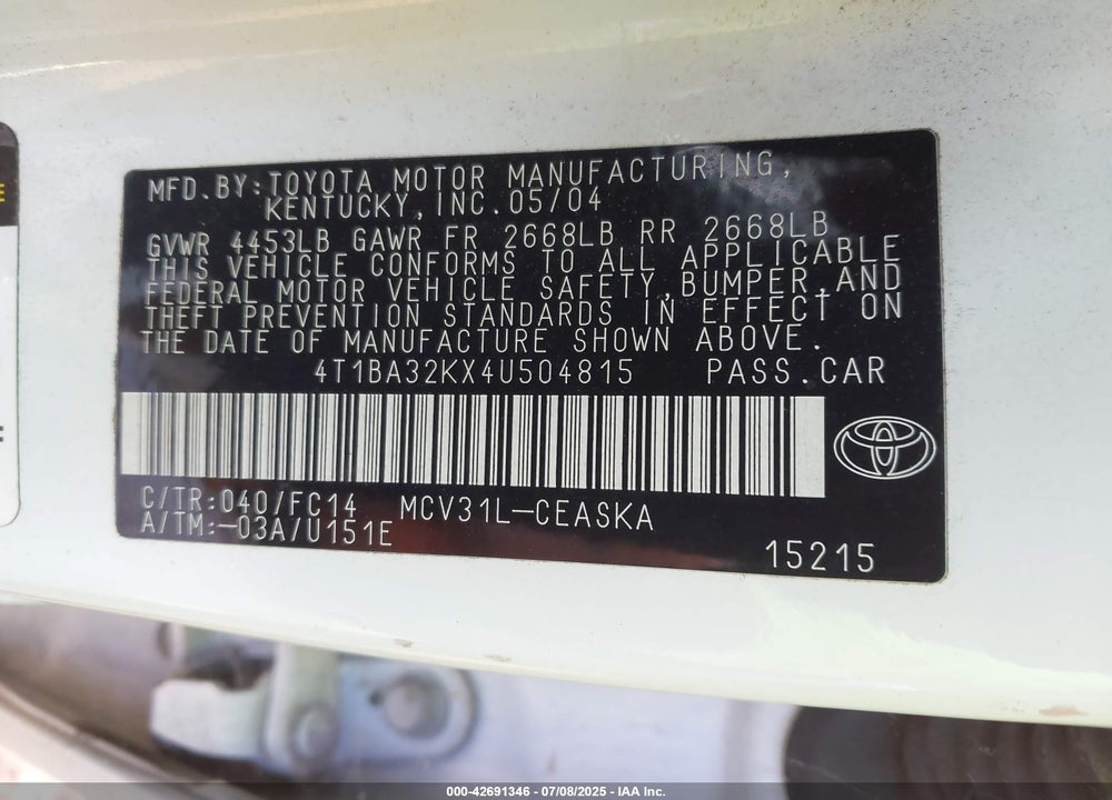 2004 TOYOTA CAMRY SE V6 VIN: 4T1BA32KX4U504815