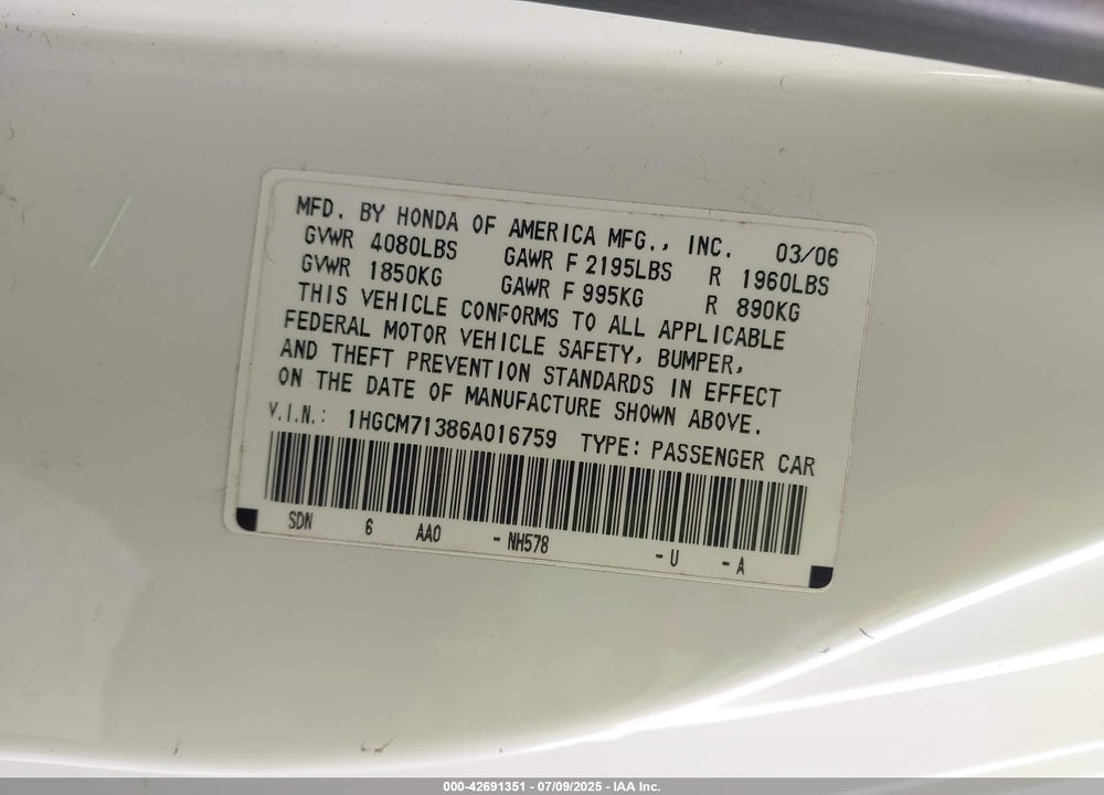 2006 HONDA ACCORD 2.4 LX VIN: 1HGCM71386A016759