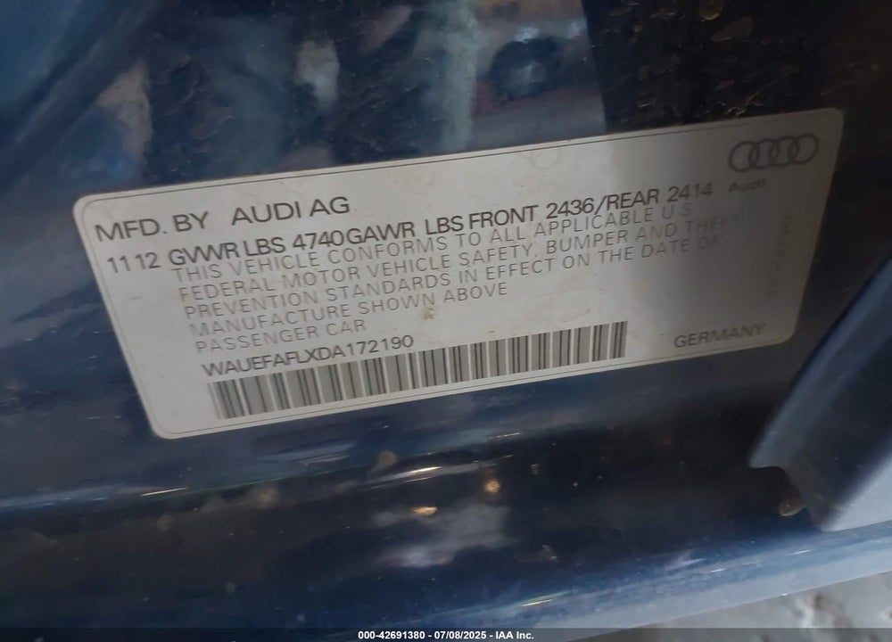 2013 AUDI A4 VIN: WAUEFAFLXDA172190