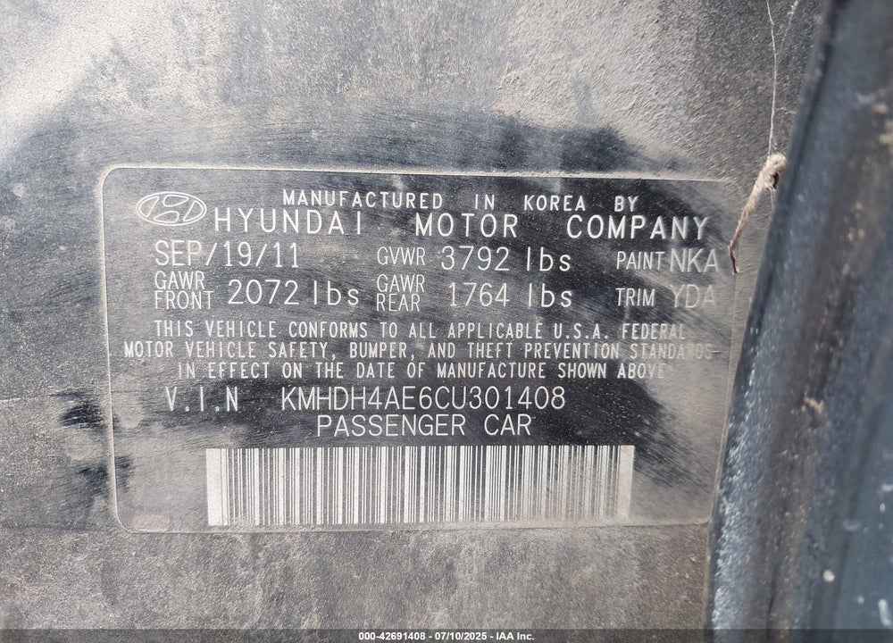 2012 HYUNDAI ELANTRA VIN: KMHDH4AE6CU301408