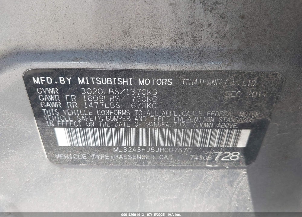 2018 MITSUBISHI MIRAGE ES VIN: ML32A3HJ5JH007570
