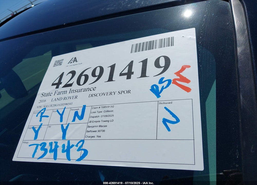 2016 LAND ROVER DISCOVERY SPORT VIN: SALCR2BG1GH596541