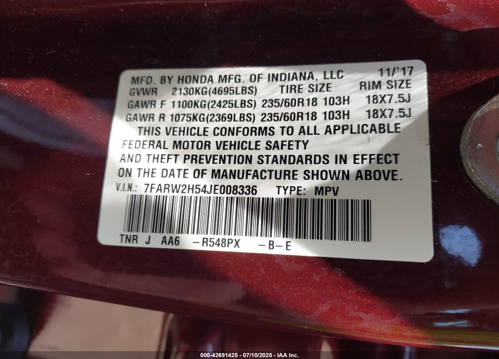 2018 HONDA CR-V VIN: 7FARW2H54JE008336