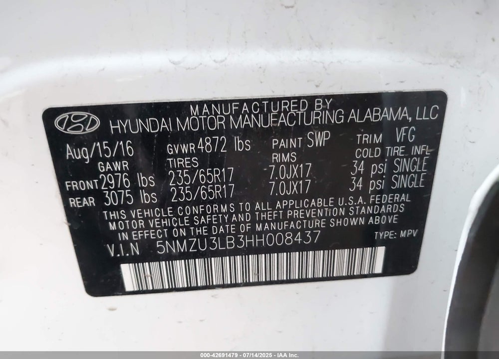 2017 HYUNDAI SANTA FE SPORT VIN: 5NMZU3LB3HH008437