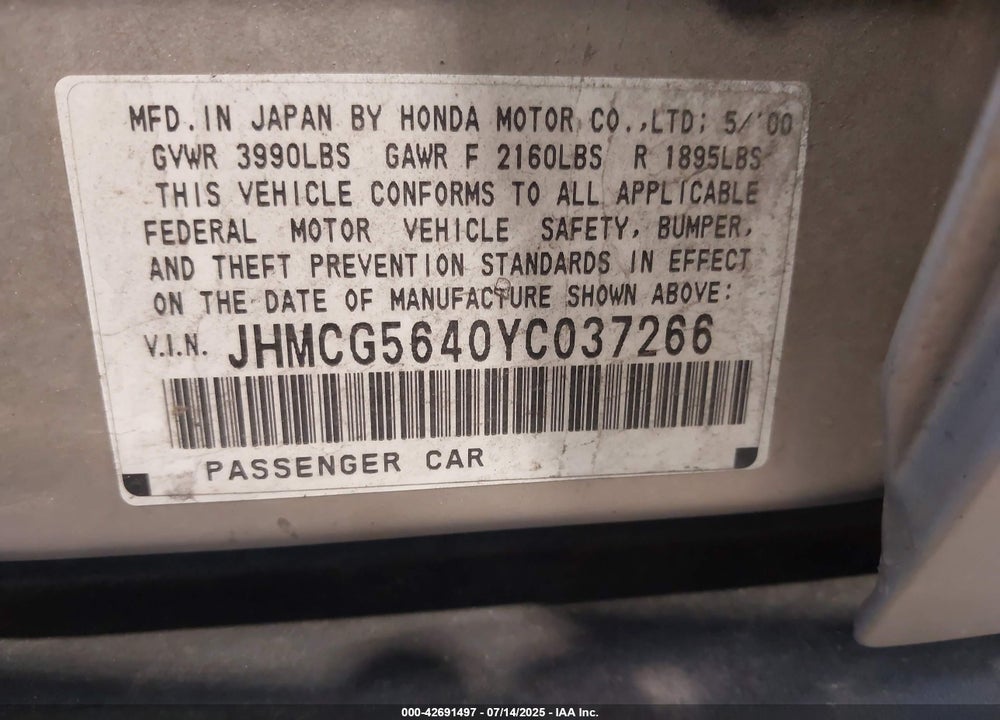 2000 HONDA ACCORD 2.3 LX VIN: JHMCG5640YC037266