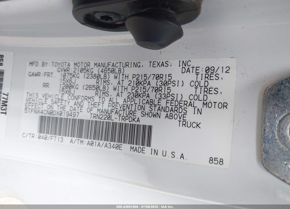 2013 TOYOTA TACOMA VIN: 5TFNX4CN0DX019497