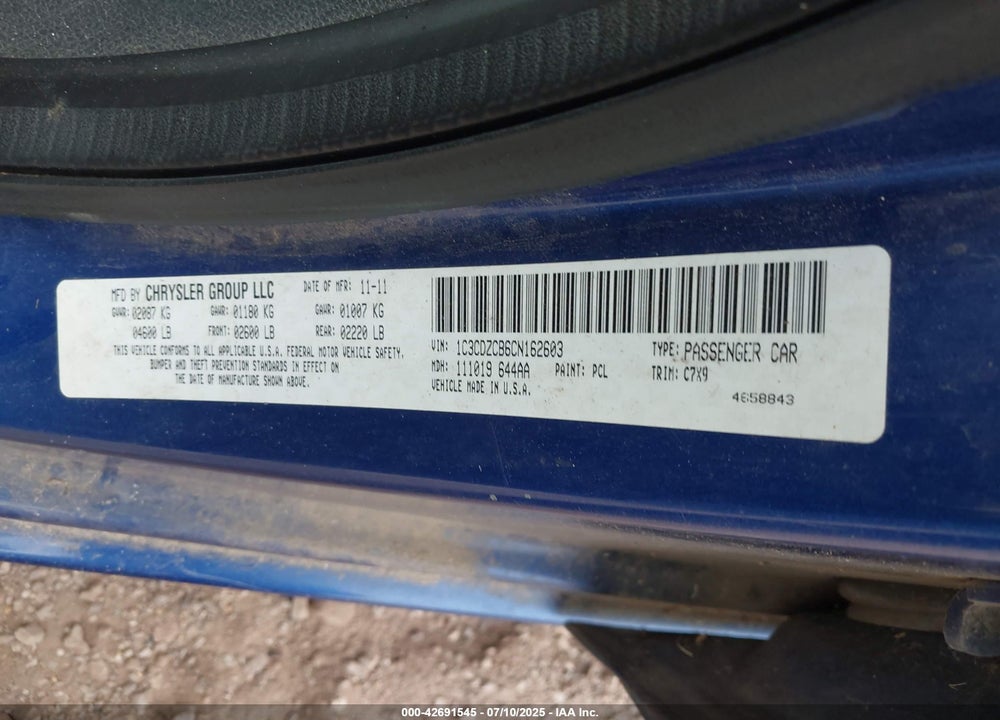 2012 DODGE AVENGER VIN: 1C3CDZCB6CN162603