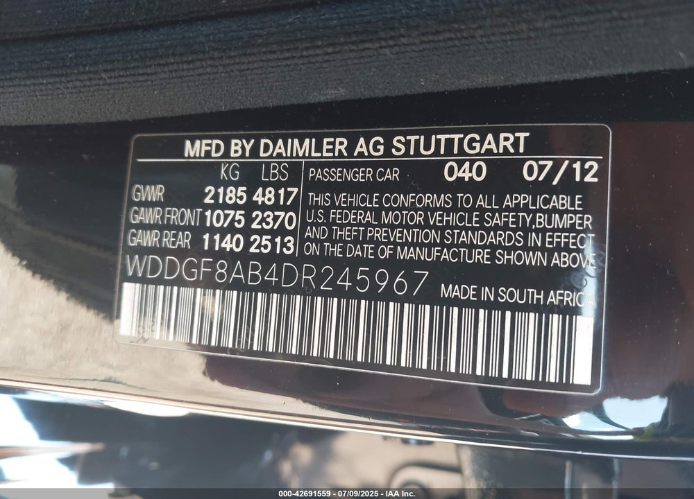 2013 MERCEDES-BENZ C CLASS VIN: WDDGF8AB4DR245967