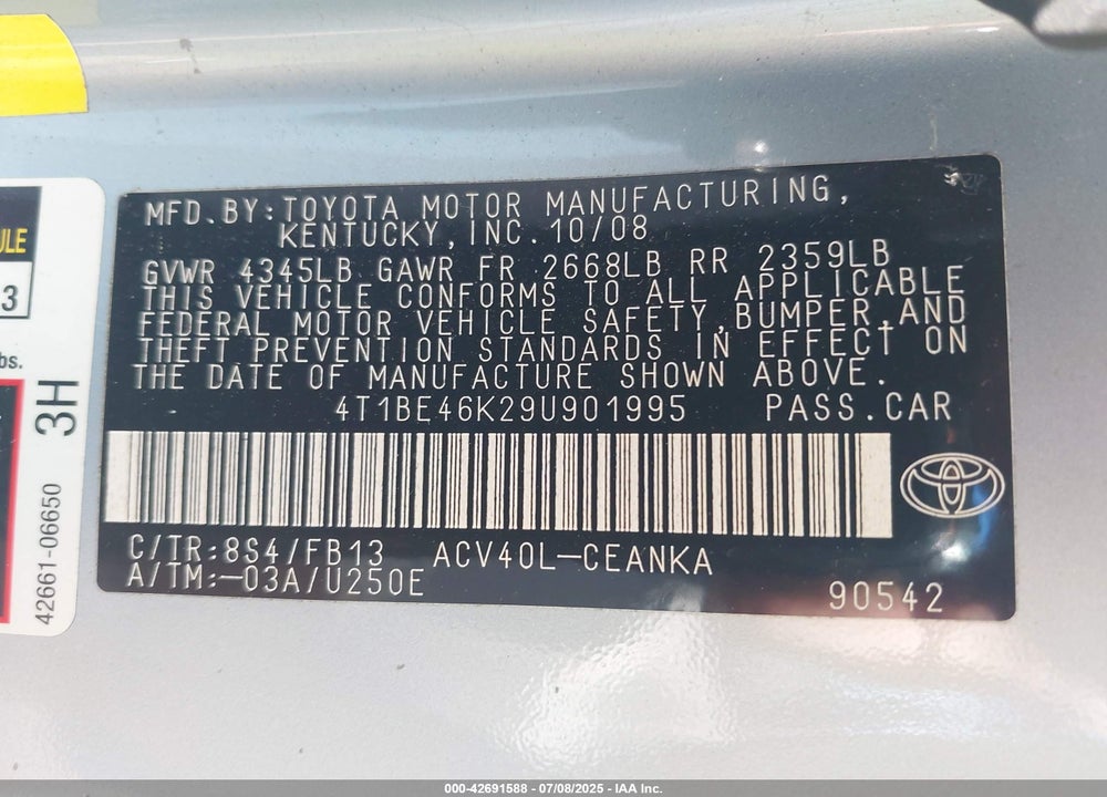 2009 TOYOTA CAMRY LE VIN: 4T1BE46K29U901995