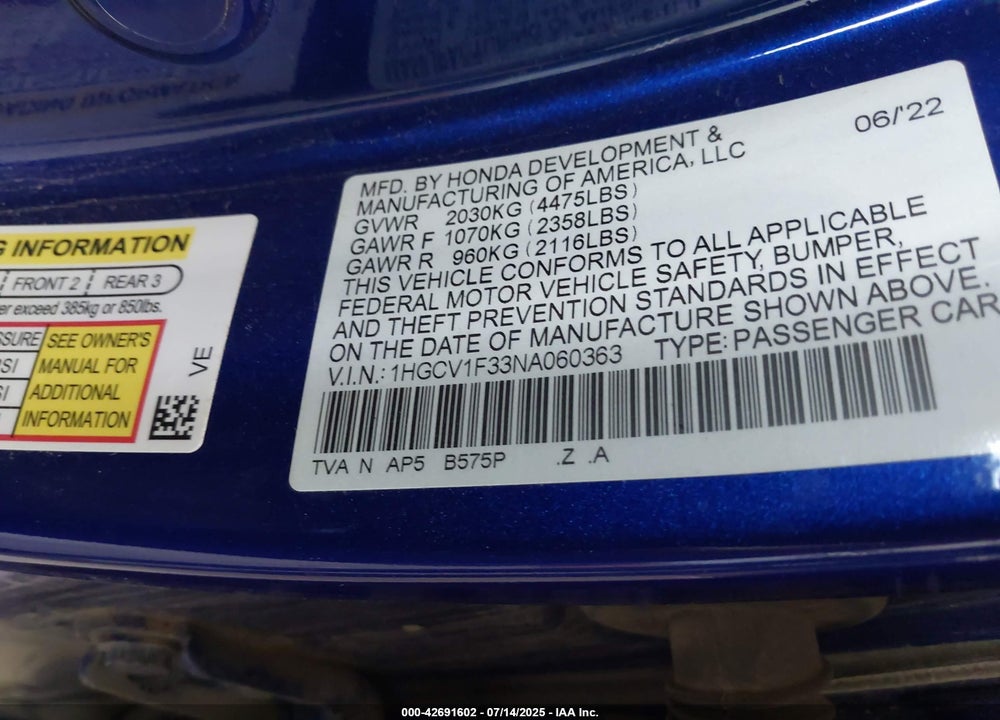 2022 HONDA ACCORD VIN: 1HGCV1F33NA060363