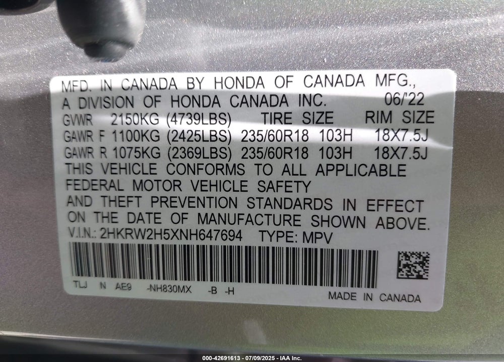 2022 HONDA CR-V AWD EX VIN: 2HKRW2H5XNH647694