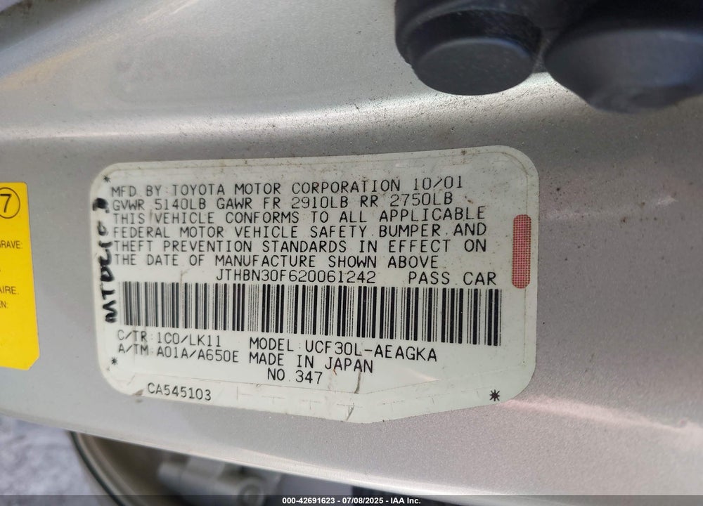 2002 LEXUS LS 430 VIN: JTHBN30F620061242