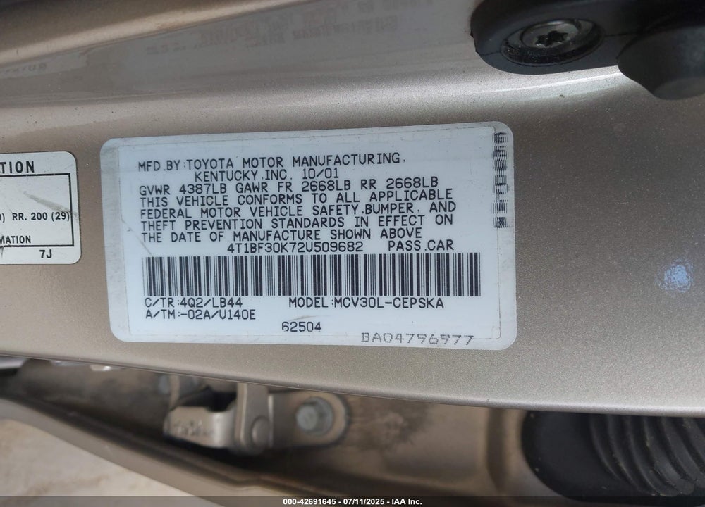 2002 TOYOTA CAMRY SE V6 VIN: 4T1BF30K72U509682
