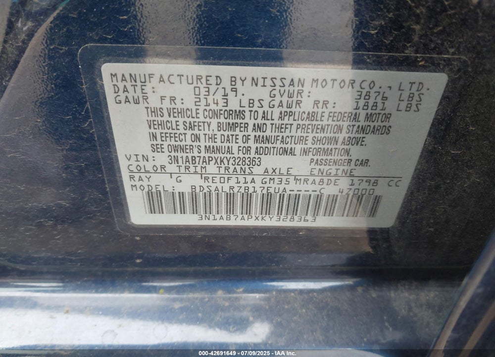 2019 NISSAN SENTRA VIN: 3N1AB7APXKY328363