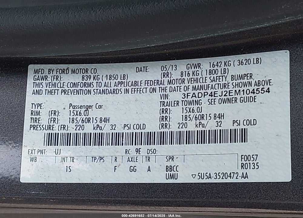 2014 FORD FIESTA VIN: 3FADP4EJ2EM104554