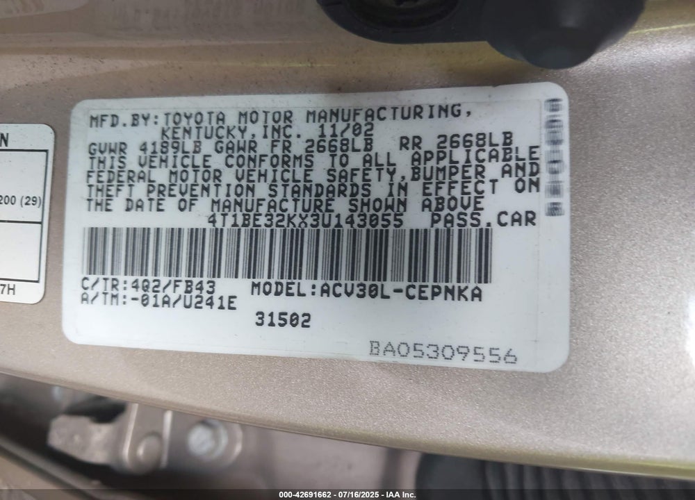 2003 TOYOTA CAMRY LE VIN: 4T1BE32KX3U143055