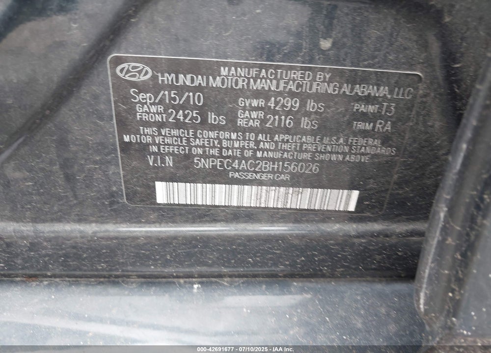 2011 HYUNDAI SONATA VIN: 5NPEC4AC2BH156026