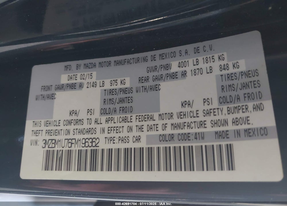 2015 MAZDA 3 VIN: 3MZBM1U76FM196362