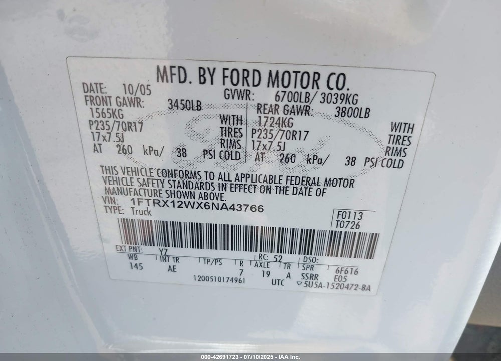 2006 FORD F-150 STX/XL/XLT VIN: 1FTRX12WX6NA43766