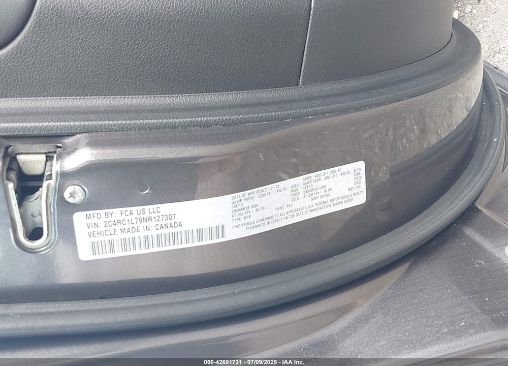 2022 CHRYSLER PACIFICA HYBRID TOURING L VIN: 2C4RC1L79NR127307