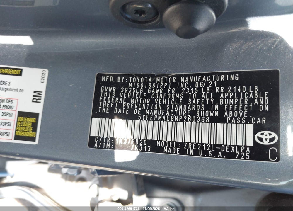 2021 TOYOTA COROLLA VIN: 5YFEPMAE8MP260368