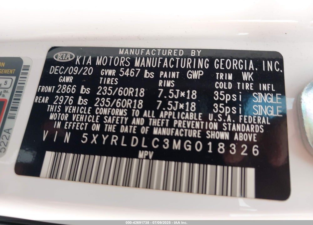 2021 KIA SORENTO VIN: 5XYRLDLC3MG018326