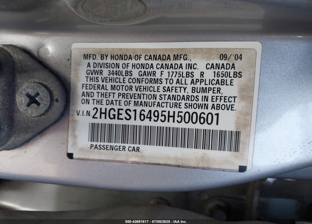 2005 HONDA CIVIC VP VIN: 2HGES16495H500601