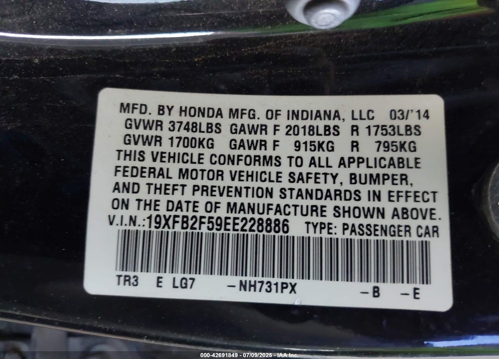 2014 HONDA CIVIC VIN: 19XFB2F59EE228886