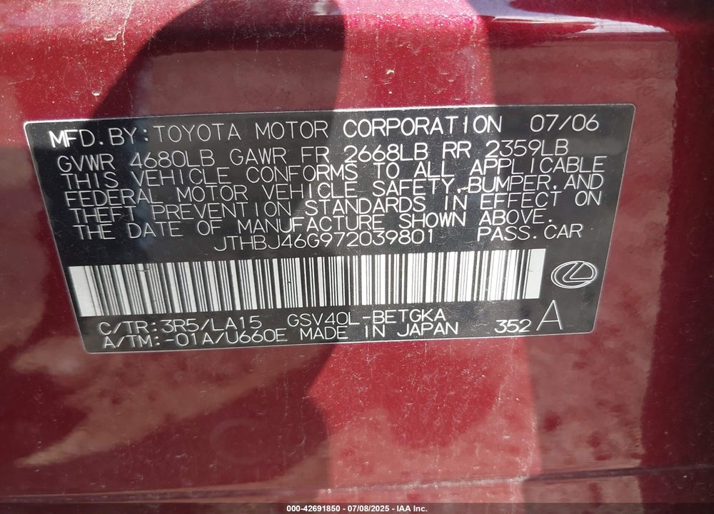 2007 LEXUS ES 350 VIN: JTHBJ46G972039801