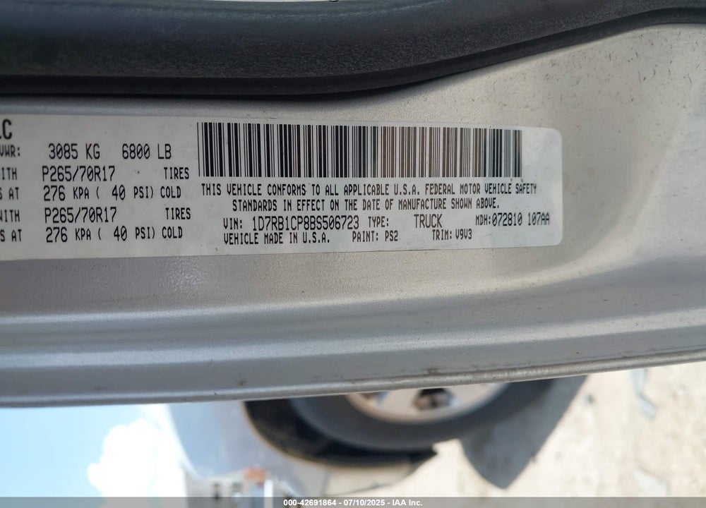 2011 RAM 1500 VIN: 1D7RB1CP8BS506723