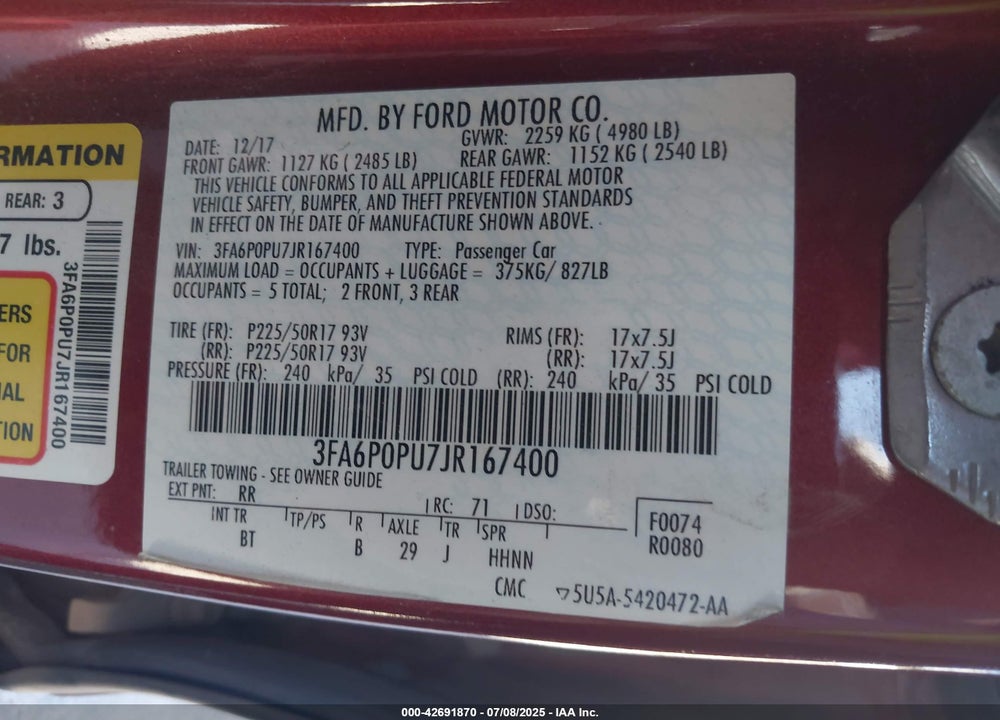 2018 FORD FUSION ENERGI SE LUXURY VIN: 3FA6P0PU7JR167400