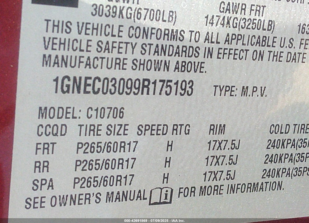 2009 CHEVROLET TAHOE VIN: 1GNEC03099R175193