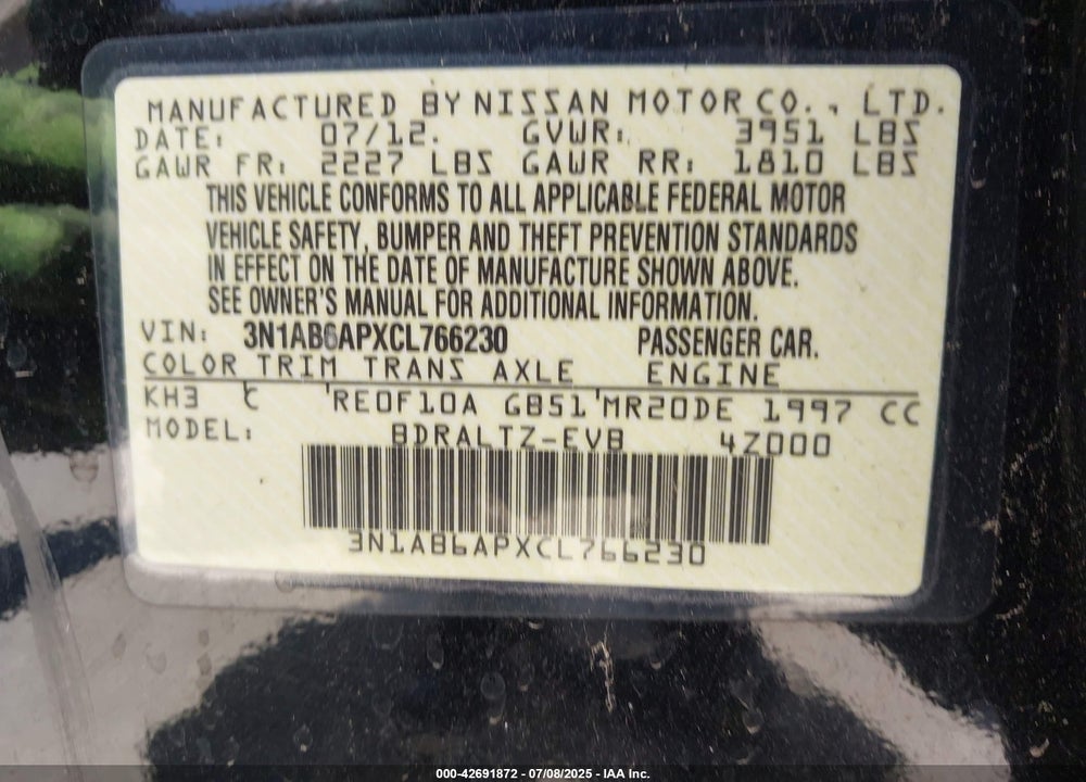 2012 NISSAN SENTRA VIN: 3N1AB6APXCL766230
